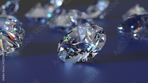 Shiny Diamonds on black-blue surface background. Concept image of luxury living  expensive things and high added value. 3D CG. High resolution.