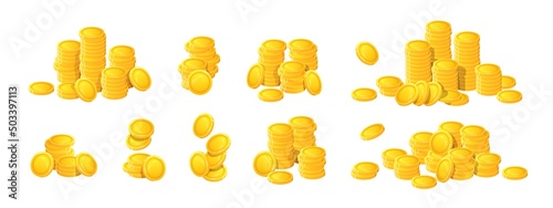 Golden coins stacks. Cartoon interface elements for online web casino and mobile application, reward game art. Vector isolated set