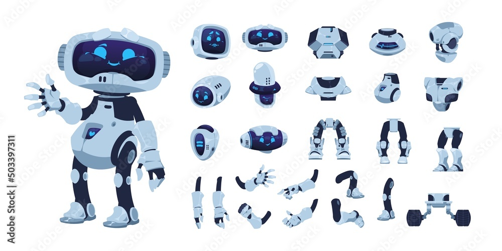 Robot animation set. Cartoon android character with artificial  intelligence, various heads legs arms and body. Vector cute futuristic  robot Stock Vector | Adobe Stock