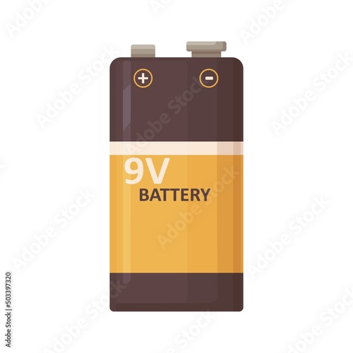 9V energy battery. Alkaline 9 V power dry baterry of rectangle shape. Nine volt, voltage general purpose item for electric devices. Colored flat vector illustration isolated on white background