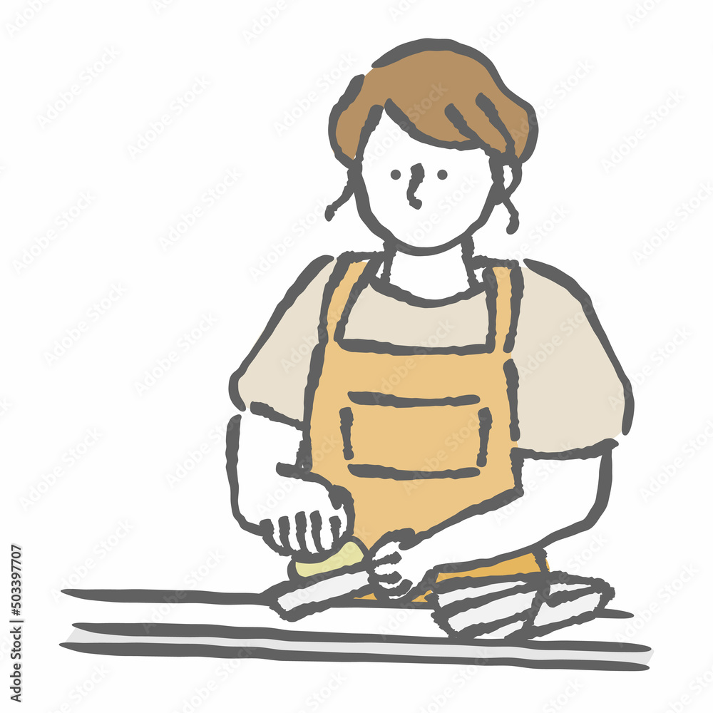 Fototapeta premium 食器洗いをする女性イラスト