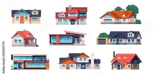 Cartoon cottage houses. Country and city building for rent, village modern and rural two-story real estate. Vector isolated set