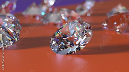 Shiny Diamonds on purple-orange surface background. Concept image of luxury living  expensive things and high added value. 3D CG. High resolution.