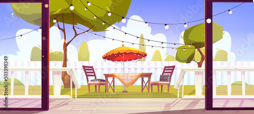 House wooden terrace and view to backyard with green trees, fence, table and chairs. Vector cartoon illustration of cottage patio with staircase and glass walls and furniture for picnic on lawn