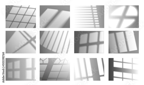 Window shadow effect. Transparent shade overlay light mockup, curtains window frame and blinder blurred shadows on the wall. Vector isolated set
