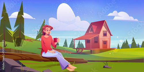 Girl on picnic on summer meadow with wooden house and coniferous trees. Vector cartoon illustration of rural landscape with woman with cup sitting on log, village cottage and forest