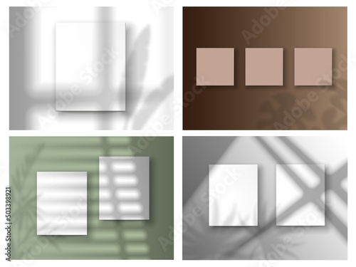 Shadow overlay paper. Posters with blurred tropical plants window frames and blinders shadow effect. Vector realistic template