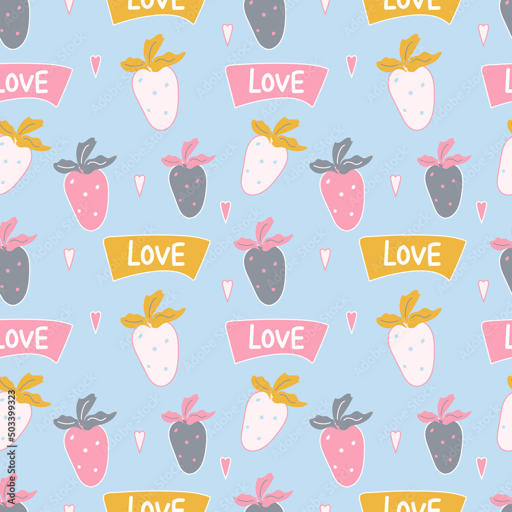 strawberry pattern seamless background. Funny creative berries of unusual color. Endless print for printing on textiles, fabric, packaging. Vector illustration, hand drawn