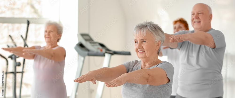 Group of elderly people doing exercises in gym - obrazy, fototapety, plakaty 