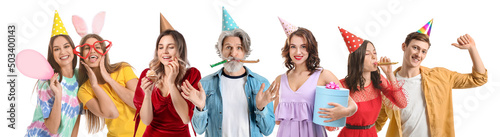 Many people in party hats i...