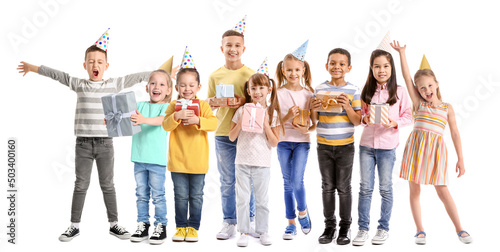 Many children in party hats and with birthday gifts isolated on white