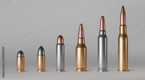 Bullets of different calibers stand in row. Copper, gold or silver colored shots, military handgun ammo weapon metal gunshots isolated on background, realistic 3d vector set