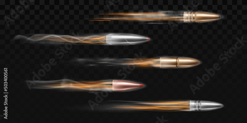 Flying bullet with smoke trace and fire, realistic vector isolated on transparent background, Shot trail in motion, set of firearm projectiles, military ammo illustration.