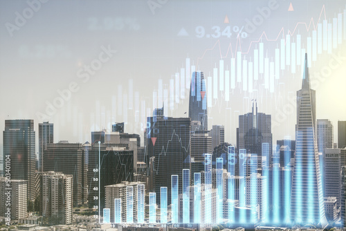 Multi exposure of virtual creative financial chart hologram on San Francisco skyscrapers background, research and analytics concept