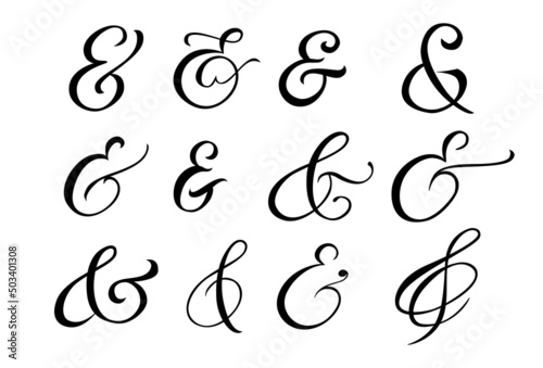 Typography script ampersand. Flourish lettering element for wedding invitation, poster, card. Decorative hand drawn symbol. Vector illustration