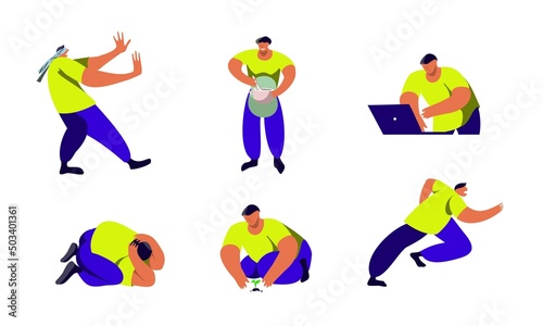 Men in different activities at home and on the street