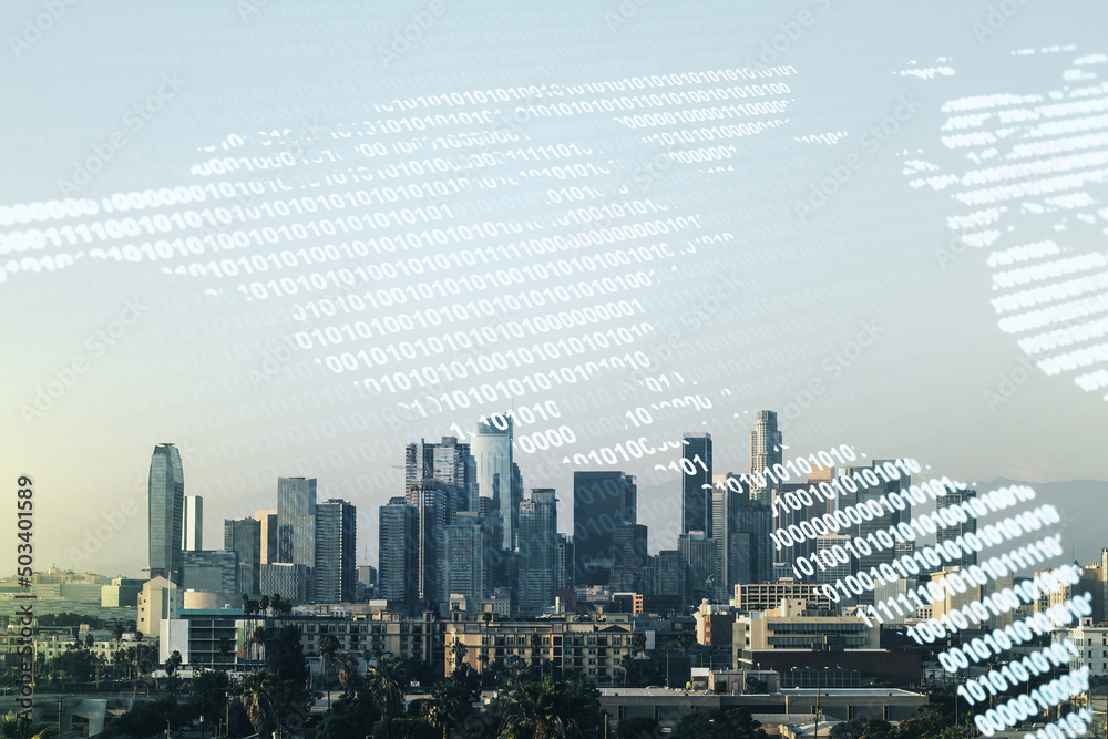 Digital map of North America hologram on Los Angeles cityscape background, global technology concept. Multiexposure