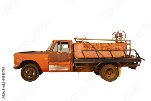 side view old and rust orange car with water container on white background, transport, old, copy space