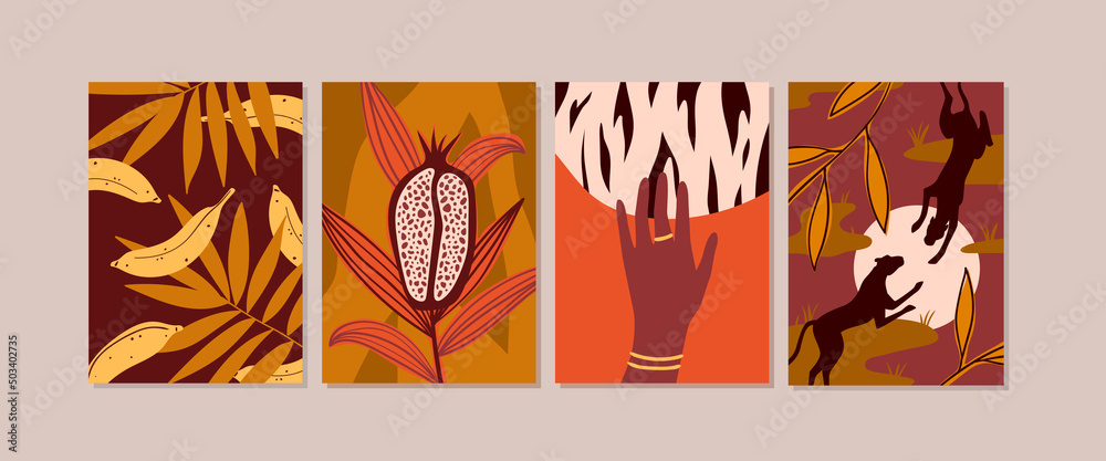 Set of african wild symbols posters. Jungle leopard animals, exotic vegetation, savanna plants and trees, afro cultural woman, tribal traditional decorative ornament vector illustration