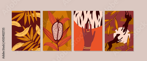 Set of african wild symbols posters. Jungle leopard animals  exotic vegetation  savanna plants and trees  afro cultural woman  tribal traditional decorative ornament vector illustration