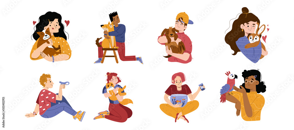 Obraz premium People hold bird, fish in aquarium and hug pets.Vector flat illustration of happy domestic animal owners, women and man characters with cute dogs, rabbit, cat, parrot and lizard