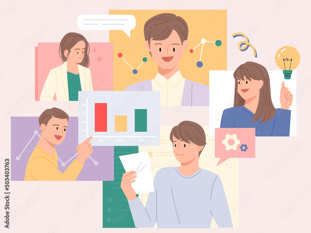Fototapeta premium Business professionals having online video meeting while viewing data. flat design style vector illustration.