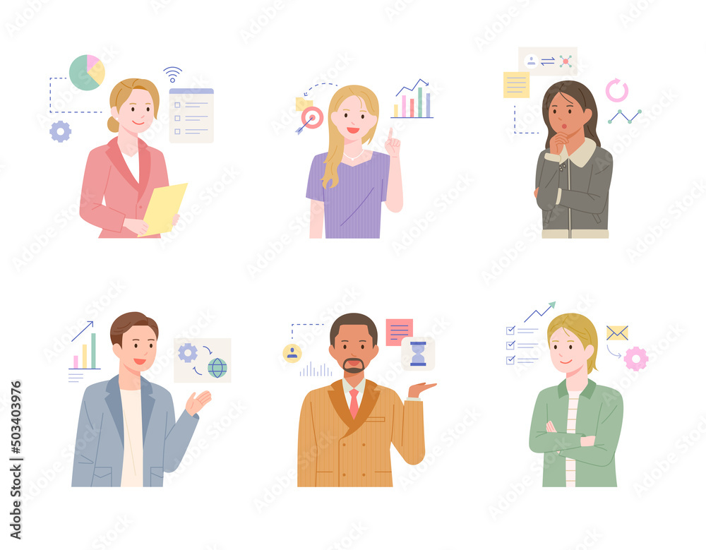 Business professionals are analyzing and explaining data. flat design style vector illustration. Business professionals are analyzing and explaining data. flat design style vector illustration.