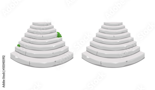 Round Old stone staircase with sprouted greenery on a white isolated background. For the house and the old castle. Vector illustration of a cartoon. 