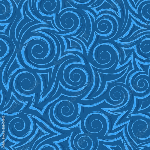Stock vector seamless pattern of blue spirals and flowing torn stripes.Vector seamless pattern of azure spiral waves and swirls.