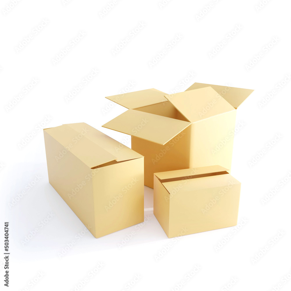 Three open carton boxes 3D on white background. Cardboard boxes mockups. Carton delivery packaging box. 3D illustration isolated white background Three open carton boxes 3D on white background. Cardboard boxes mockups. Carton delivery packaging box. 3D illustration isolated white background