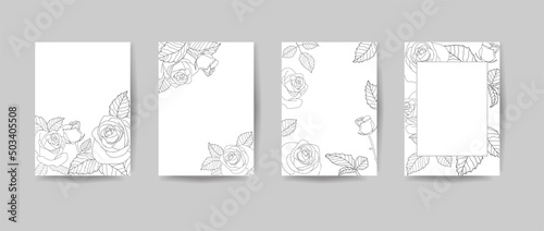 Set of hand drawn black line rose flower bouquet on white background. Vector illustration for wedding invitation,summer sale,menu,holiday poster design and more.Romantic spring cover and frame pages.