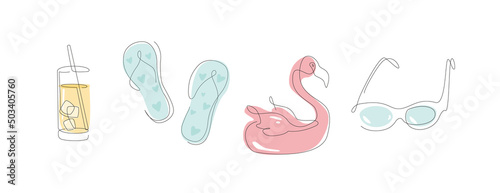 One line elements for swimming pool..Summer dring, flip-flops line art. outline rubber flamingo. linear sunglasses. vector.