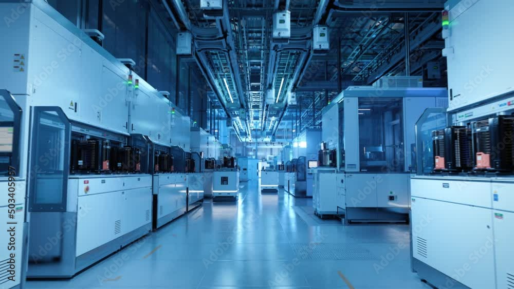 Wide Shot Inside Advanced Semiconductor Production Fab Cleanroom. Automated Robots are Transporting Wafers between Machines.