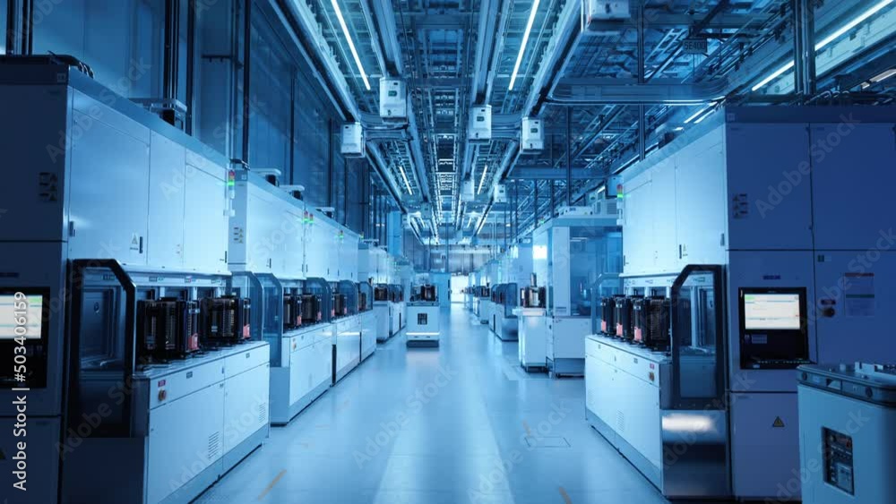Wide Shot Inside Advanced Semiconductor Production Factory Cleanroom. Automated Robots are Transporting Wafers between Machines.