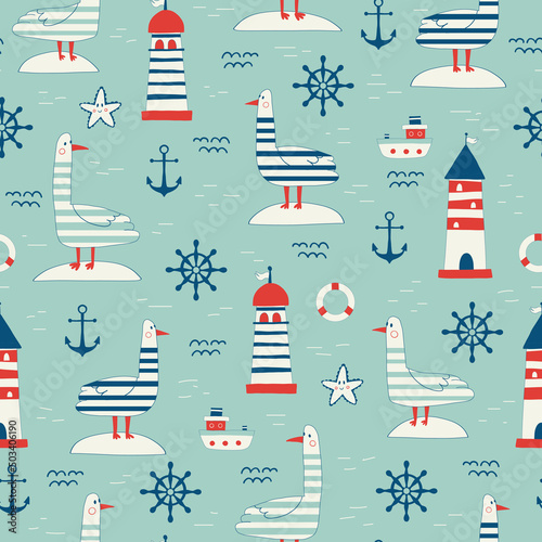 Nautical seamless pattern with lighthouse, steamship and yachts. Background with towers for marine navigation. illustration for wrapping paper, fabric print, wallpaper. Sea. Ocean