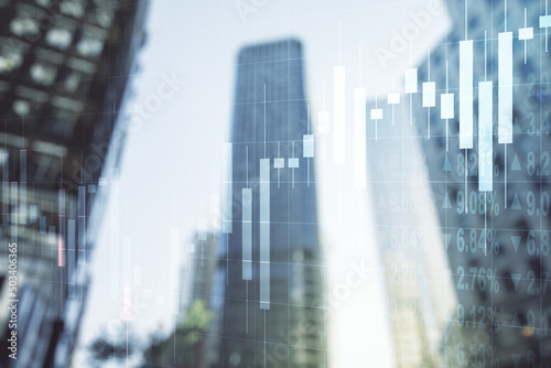 Double exposure of abstract financial chart on office buildings background  research and analytics concept