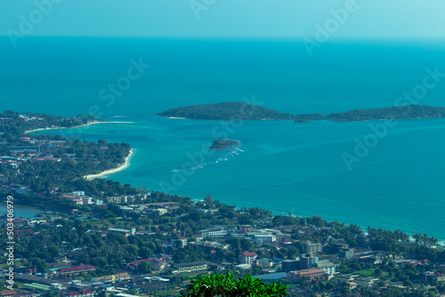 Fototapeta Naklejka Na Ścianę i Meble -  panoramic background of high mountain scenery, overlooking the atmosphere of the sea, trees and wind blowing in a cool blur, spontaneous beauty