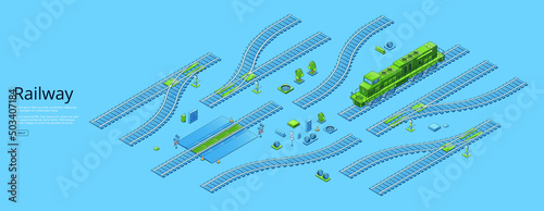 Photo Railway banner with isometric locomotive and rail track elements