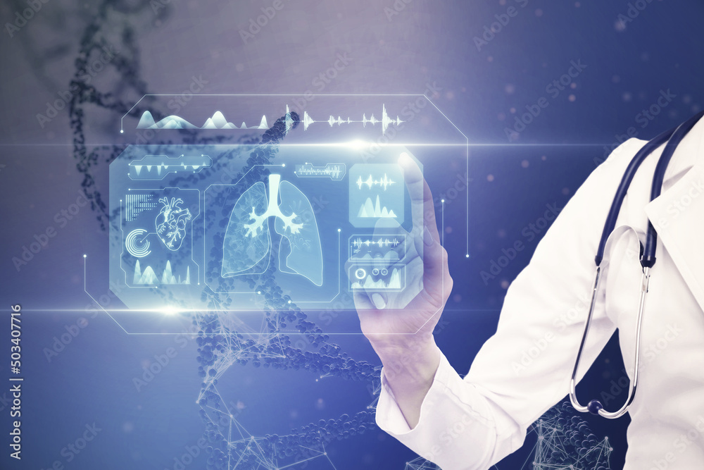 female doctor hand pointing at abstract glowing medical cardiology interface on blurry hospital background with dna helix. Hi-tech technology and medicine of the future concept. Double exposure. female doctor hand pointing at abstract glowing medical cardiology interface on blurry hospital background with dna helix. Hi-tech technology and medicine of the future concept. Double exposure.
