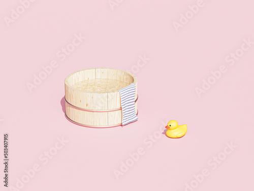 Bild auf Leinwand 風呂桶と手拭い　温泉・銭湯のイメージ