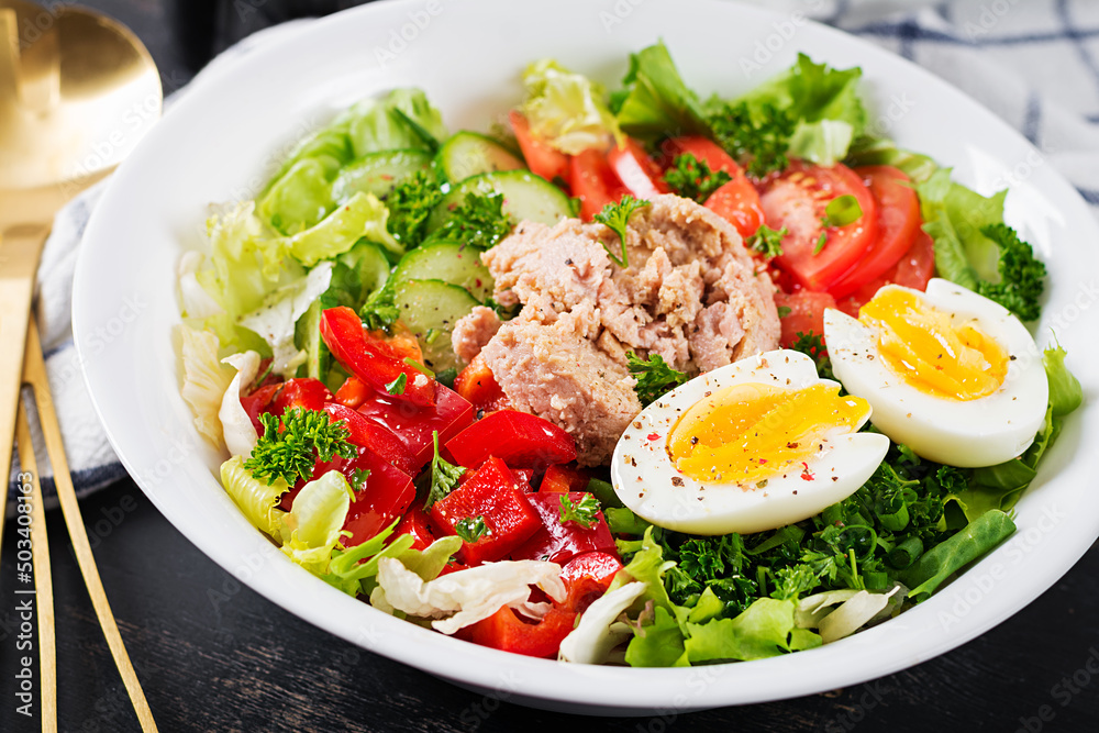 Tuna fish salad with lettuce, tomatoes, cucumber, boiled egg and sweet pepper. Healthy food. French cuisine.