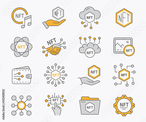 NFT icon set. Collection of blockchain, crypto, innovation, coin and more. Vector illustration.