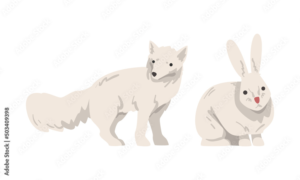 White Fox and Rabbit with Fur Coat as Arctic Animal and Wild Mammal Vector Set