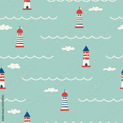 Seamless pattern with different lighthouses drawn with contour lines. Background with towers for marine navigation. illustration for wrapping paper, fabric print, wallpaper. Sea. Ocean.
