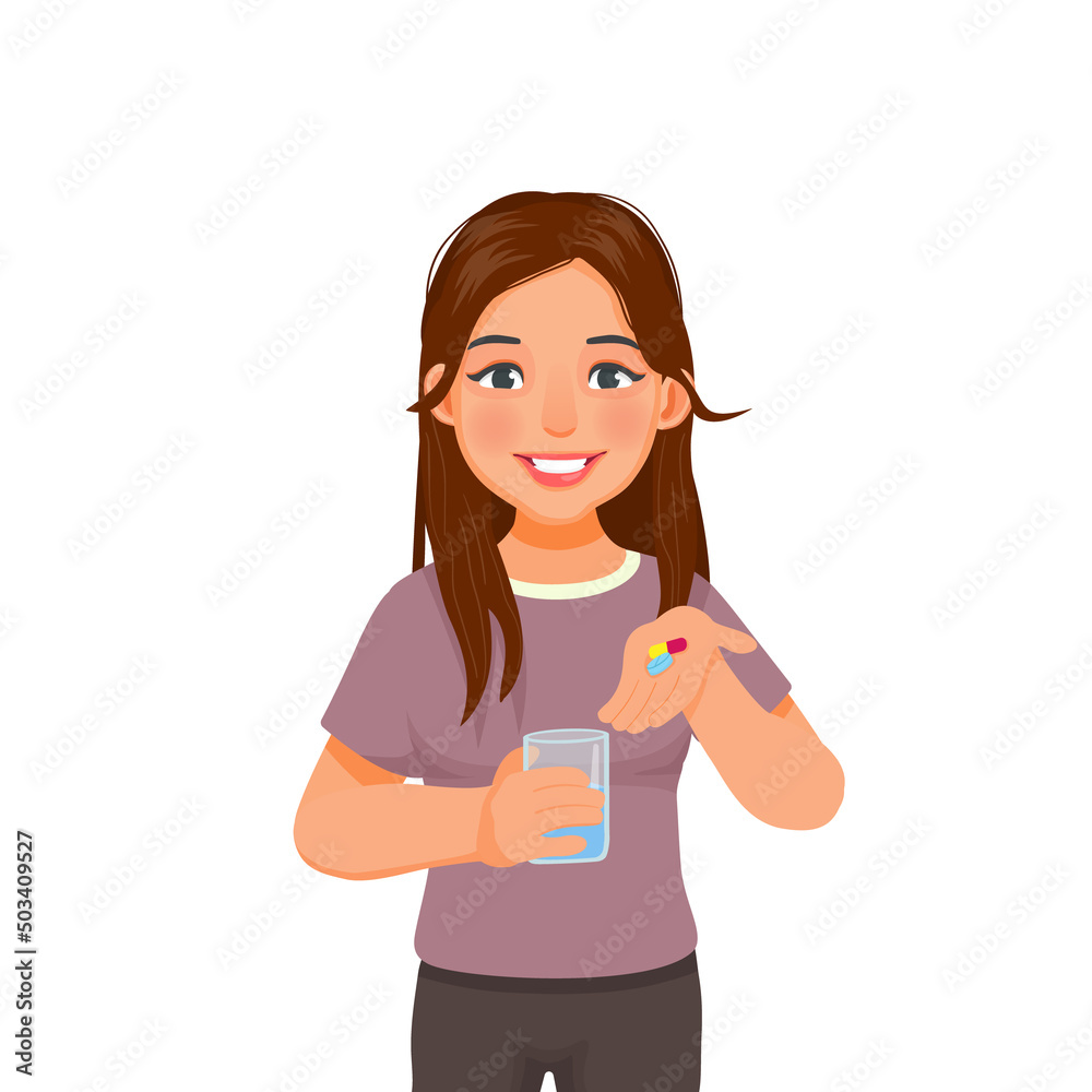Beautiful young woman showing pills on her hand ready taking medicine with a glass of water Beautiful young woman showing pills on her hand ready taking medicine with a glass of water