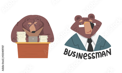 Bear Businessman Character in Tie Sitting at Desk with Laptop Doing Paperwork Vector Set