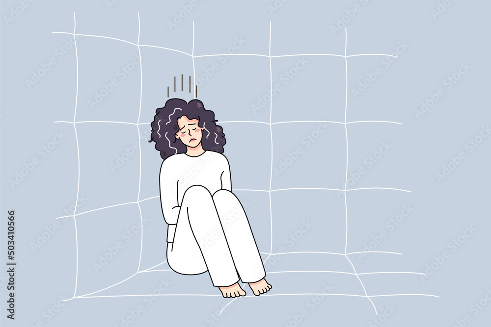 Ταπετσαρία Unhappy sick woman in straitjacket sit on floor in psychiatric clinic suffer from mental disorder