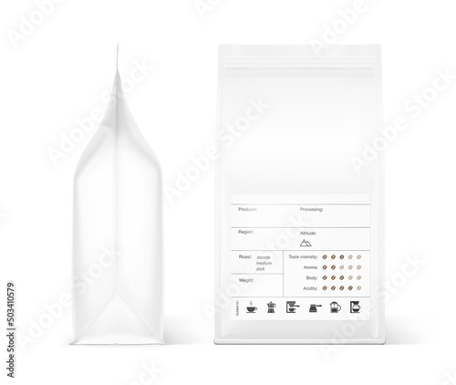 Realistic coffee bag mockup with label. Front and side view. The set helps to present coffee. Suitable brewing methods for your coffee blend. Can be used on packaging, advertising, promo, etc. EPS10.