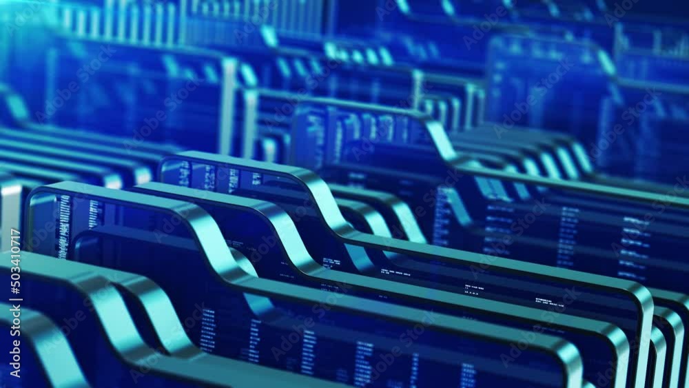 undulating folder icons with abstract data, document management system, concept of cloud computing, big data, software development, computer security, blue color (3d render)