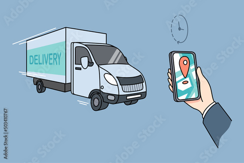 Person hold cellphone track order delivery on mobile application on gadget. Hand with smartphone check purchase status on map. Shopping and buying online. Vector illustration. 